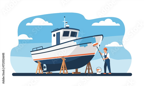 Boat Maintenance A Graphic Illustration of a Man Painting a Boat on a Sunny Day