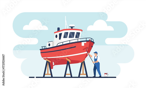 Boat maintenance illustration worker paints the hull of a red boat