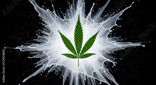 Cannabis Leaf Splashing in Milk Against Black Background.