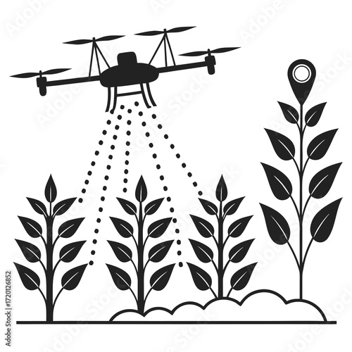 Modern black silhouette icon of a smart agriculture drone for technology and farming