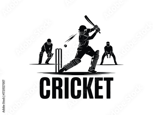 Cricket action silhouette with batsman bowler and fielder