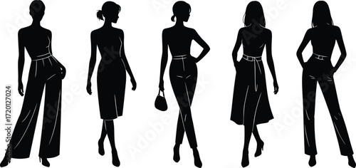 Fashionable women silhouettes, stylish outfit poses, trendy clothing illustration, modern female figure design, fashion vector art, chic apparel concept, black contour fashion icons