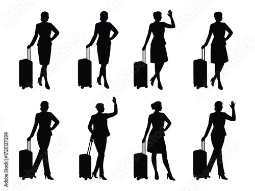 Collection of eight elegant female flight attendant silhouettes posing with rolling luggage and gesturing in various poses