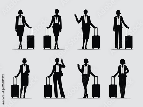 Collection of eight diverse businesswomen in silhouette each with a suitcase showcasing various professional poses and travel readiness silhouette