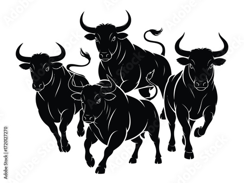 A powerful herd of four charging bulls depicted in a striking black silhouette with white outlines against a white background