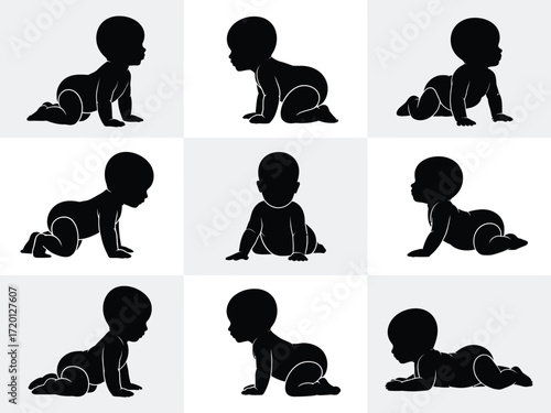 Nine diverse baby crawling positions illustrated as black silhouettes on a light gray background with white outlines
