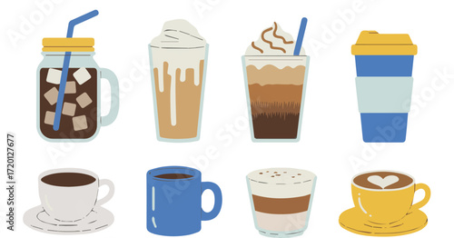 Vector art of selection of coffee drinks for cafe menu design