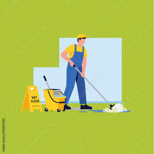 Janitor moping floor, Cleaning icon logo flat vector design