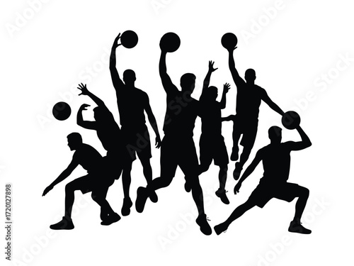 Dynamic basketball players in action performing jumps and shots in a stylized silhouette illustration