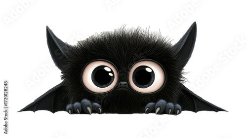 Cute cartoon bat with big eyes and fluffy black fur, isolated on white background.  png