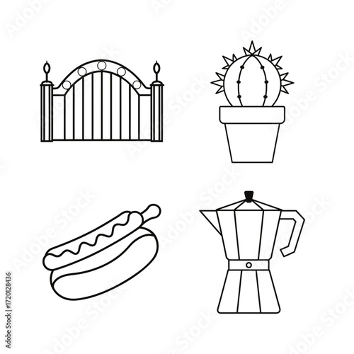 Outline icons of gate cactus hotdog and coffee pot on transparent background