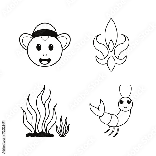 Cartoon monkey fleur de lis seaweed and shrimp drawing on transparent background