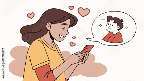 Hand-Drawn Vector of Woman on Phone Call Smiling, Long Distance Relationship and Emotional Connection Art
