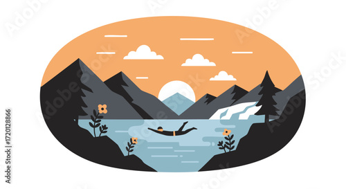 Vibrant flat design illustration of a serene mountain lake landscape at sunset, featuring a solitary swimmer enjoying the peaceful outdoor recreation