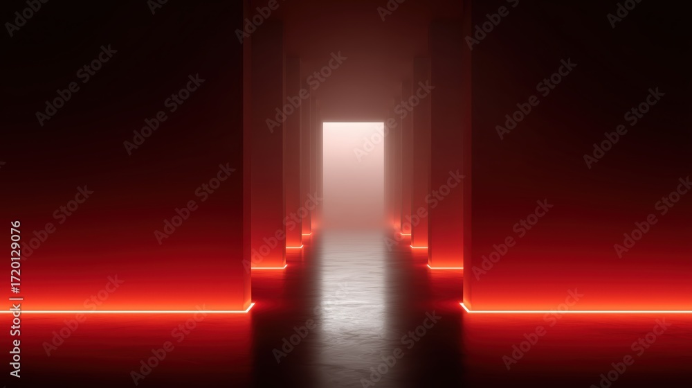 Obraz premium A dramatic and surreal corridor with a glowing red illumination leads to a bright opening, evoking mystery and anticipation.