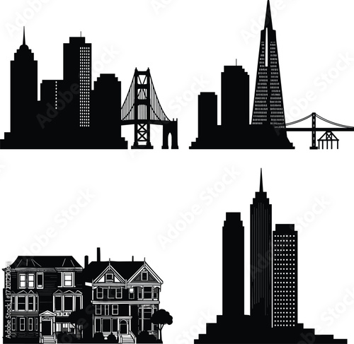 Vector silhouette collection of famous USA cityscapes and architecture, featuring San Francisco's iconic landmarks, skyline elements, and classic Victorian Painted Lady style houses