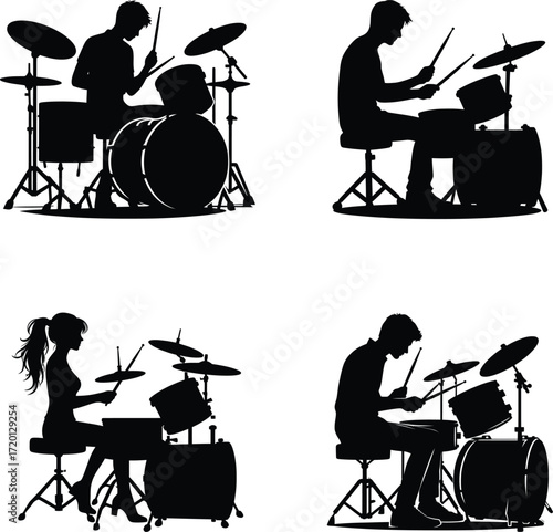 Energetic Drummer Silhouettes Playing Rhythmic Beats on Full Acoustic Drum Kits Vector Illustration Set