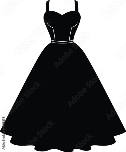 Elegant black silhouette of vintage evening gown with sweetheart neckline, fitted bodice, pleated full skirt, formal fashion vector illustration design