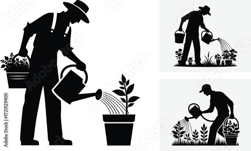 Gardener watering plants illustration. Simple black silhouette vector graphic icon set