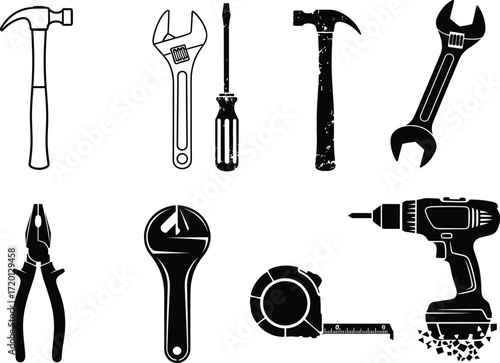 Hand tool silhouette illustration set, black and white vector icons, hammer, wrench, screwdriver, pliers, drill, tape measure, repair design