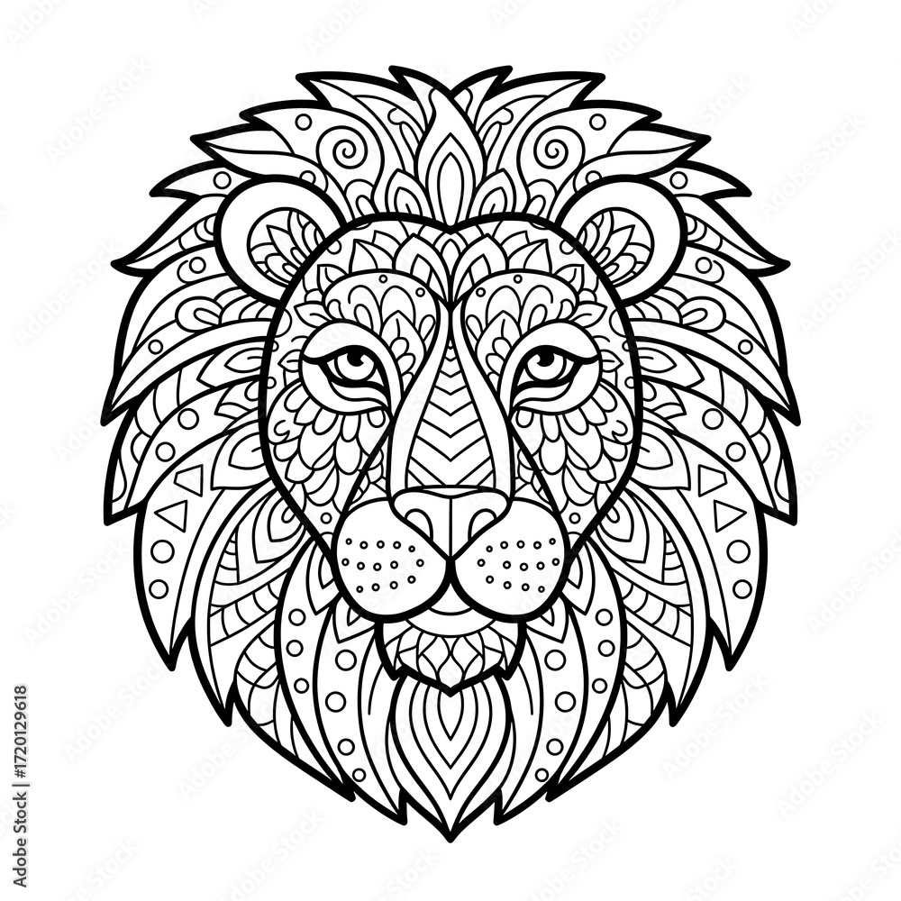 Fototapeta premium Detailed black and white lion's head illustration, intricately decorated with elaborate mandala patterns.