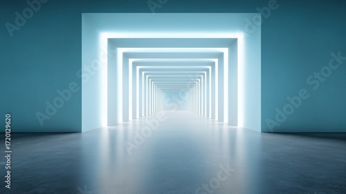 An abstract modern hall with a minimalist design, featuring a sequence of glowing frames that create an infinite corridor, this image represents spatial depth.