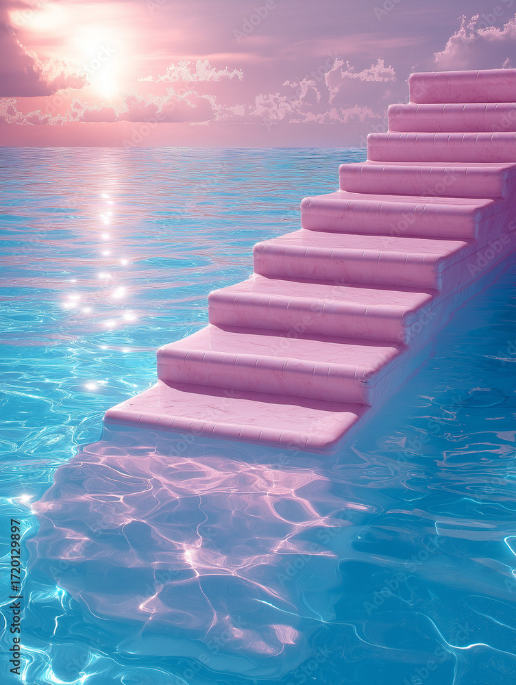 Obraz premium Fantasy pink staircase leads into an endless turquoise ocean beneath a glowing pink sunset. Dreamlike y2k surrealism with tropical escape mood.