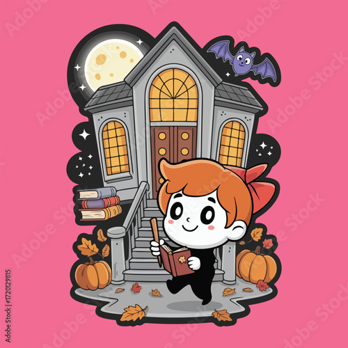 Halloween howes with three ghost for t-shirt design and another