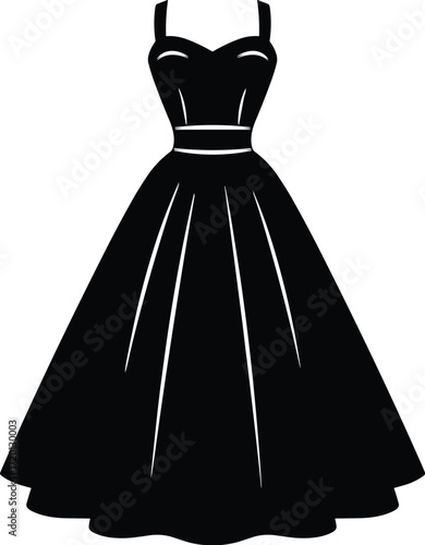 Elegant black silhouette of vintage evening gown with sweetheart neckline, fitted bodice, pleated full skirt, formal fashion vector illustration design
