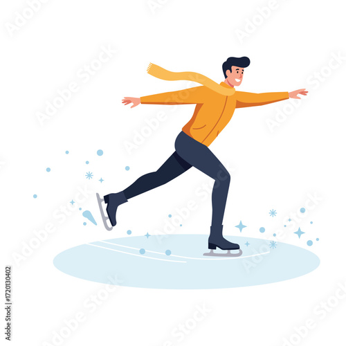 A smiling man in a yellow scarf and orange jacket gracefully ice skates on a frozen rink, enjoying a winter activity.
