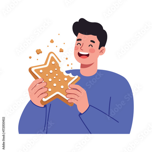 A smiling person joyfully eating a star-shaped cookie with a bite taken out of it.