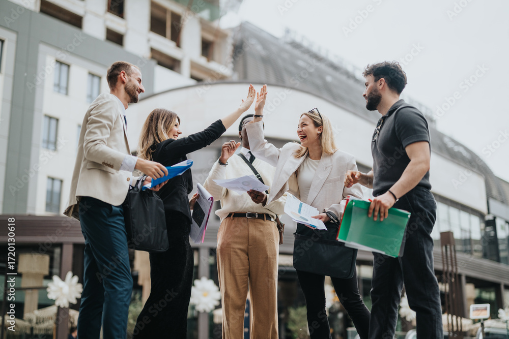 © qunica.com - A group of business professionals gathers outdoors, celebrating their success with enthusiasm and teamwork.