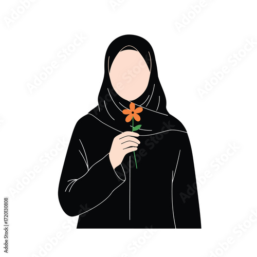 A minimalist illustration of a faceless Muslim woman in a black hijab holding an orange flower.