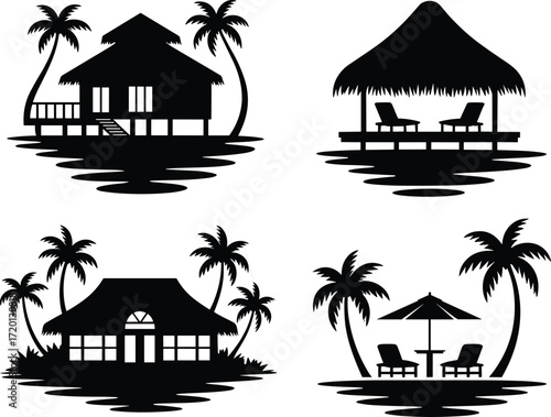 Beach resort huts silhouette, tropical bungalow vector, vacation island illustration, palm trees, ocean view, summer travel, holiday relaxation, exotic paradise, tropical retreat