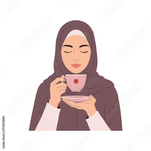 A serene Muslim woman in a purple hijab peacefully enjoying a cup of tea from a pink cup, with her eyes closed.