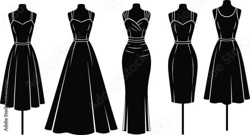Fashion dress silhouettes on mannequins showcasing elegant evening gowns, cocktail dresses, and stylish outfits for women’s clothing design and apparel illustration