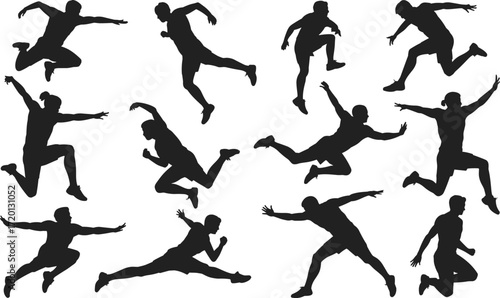 Dynamic jumping running silhouettes, athletic man poses, sports movement, parkour action, fitness training, dance motion, active lifestyle, energy, exercise illustration