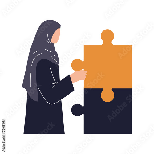Woman in hijab connecting puzzle pieces, symbolizing problem-solving and collaboration.