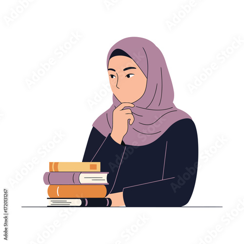Thoughtful young woman in a hijab with a stack of books, contemplating or studying.