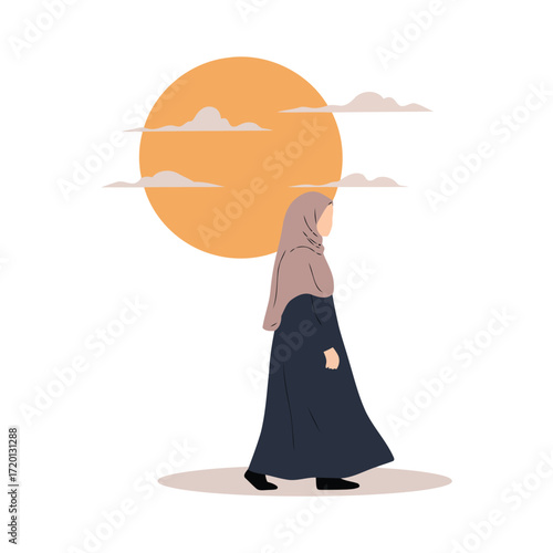Illustration of a woman in hijab walking in front of a sun.
