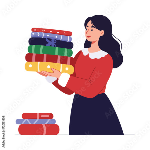 A woman with dark hair holds a tall stack of colorful books in her hands, smiling.
