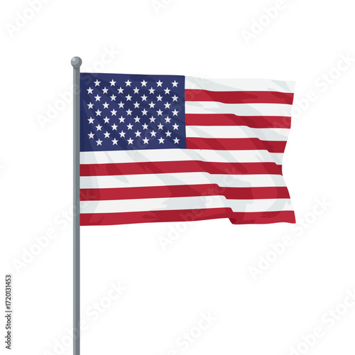 American flag waving on a flagpole isolated on a white background vector illustration