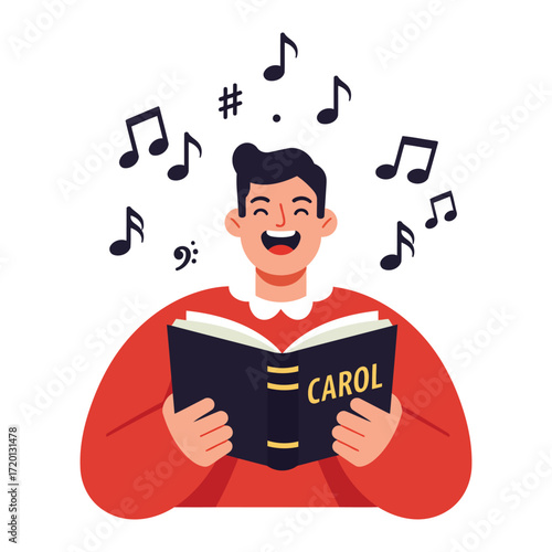 A cheerful person in a red sweater singing carols from a songbook with musical notes floating around their head.