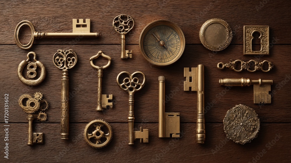 Brass Keys, Gears, and Compass on Wood