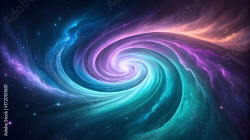 Swirling Cosmic Nebula with Aurora Colors and Stars