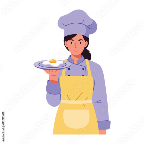 Female chef in uniform holding a plate with a fried egg.