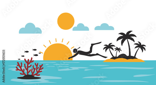 Tropical Island Getaway Illustration Snorkeler Explores Vibrant Coral Reefs and Marine Life Under a Beautiful Sunset Sky, Ideal for Vacation and Adventure Themes