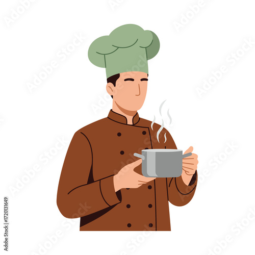 A chef in a brown uniform and green hat holds a steaming pot of food.