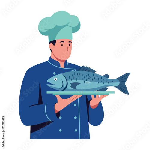 A male chef in a blue uniform and toque holding a platter with a freshly prepared whole fish, ready to be served.