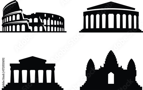 Famous ancient architecture silhouettes, historical landmarks icons, Roman Colosseum, Greek temples, Angkor Wat vector set, cultural heritage monument illustration design